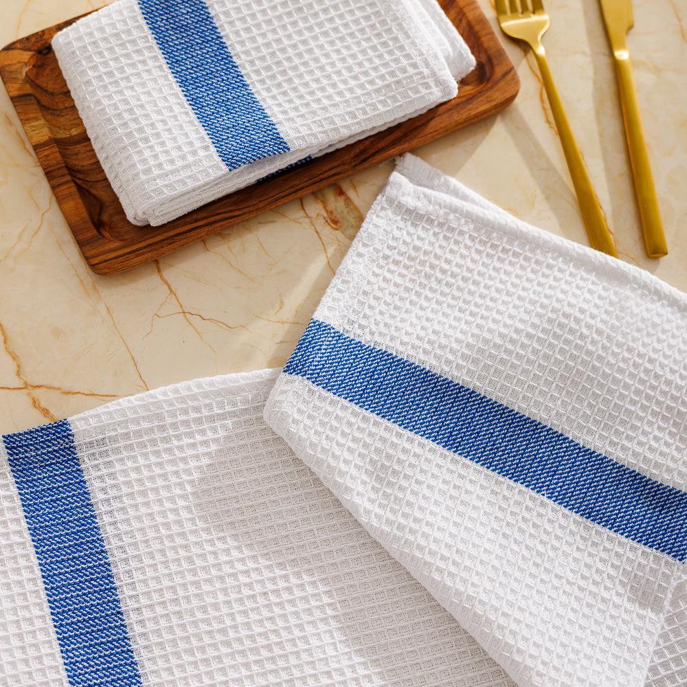 Caterers Choice Honeycomb Weave Kitchen Towel Set White with Blue Stripe 2 Pack-Dishcloths
