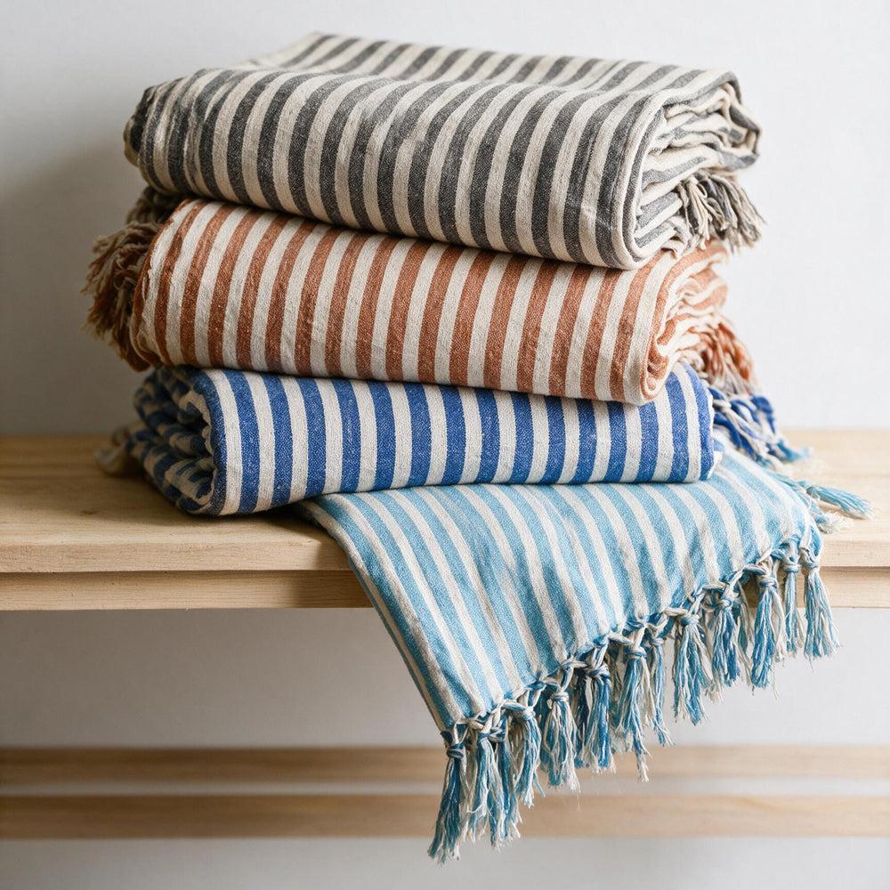 Cotton Bay Bengal Stripe 100% Cotton Cover Throw Beige-Throws