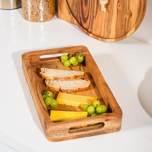 Acacia Wooden Rectangular Tray with Handles - Natural-Board