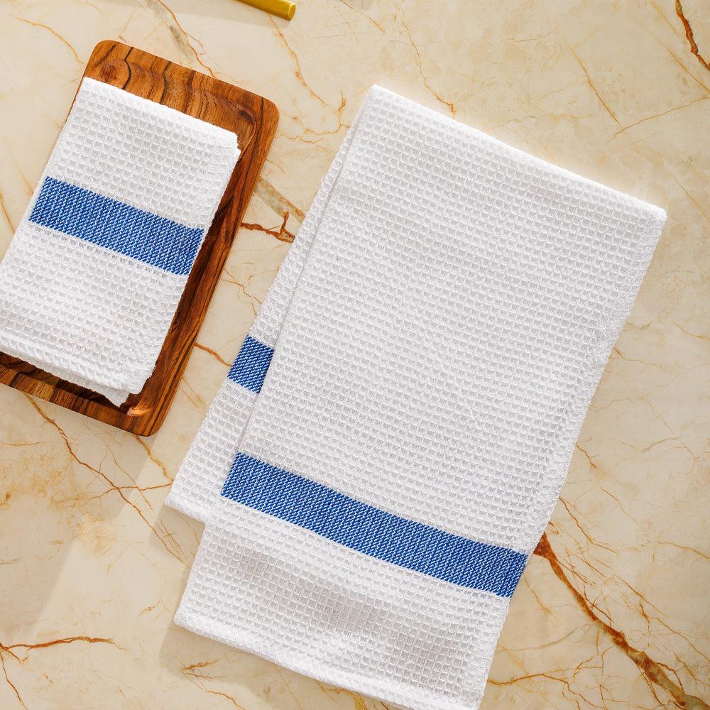Caterers Choice Honeycomb Weave Kitchen Towel Set White with Blue Stripe 2 Pack-Dishcloths