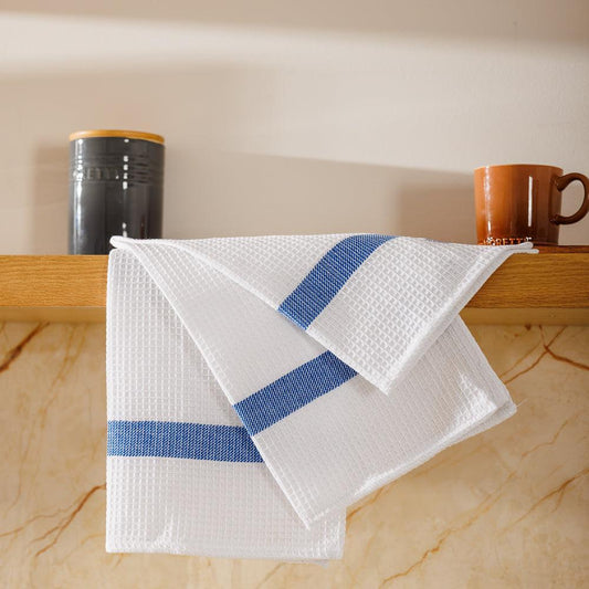 Caterers Choice Honeycomb Weave Kitchen Towel Set White with Blue Stripe 2 Pack-Dishcloths