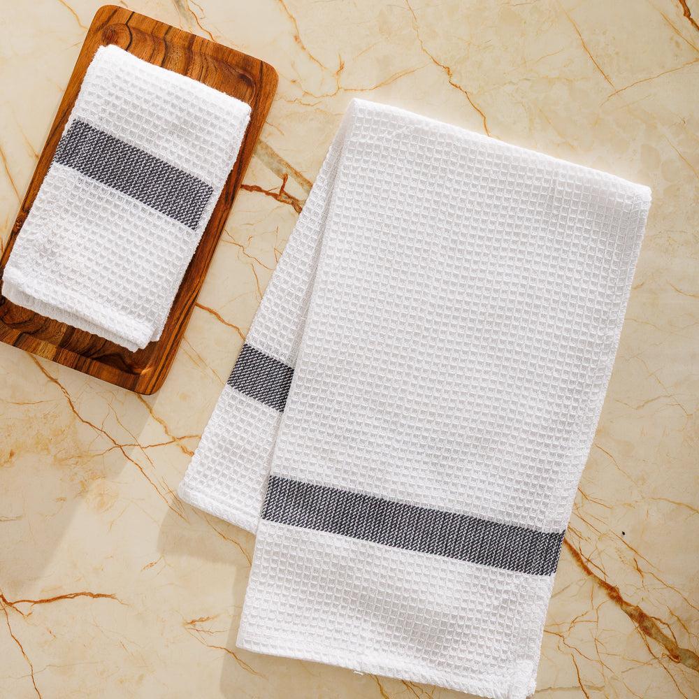 Caterers Choice Honeycomb Weave Kitchen Towel Set White with Grey Stripe 2 Pack-Dishcloths