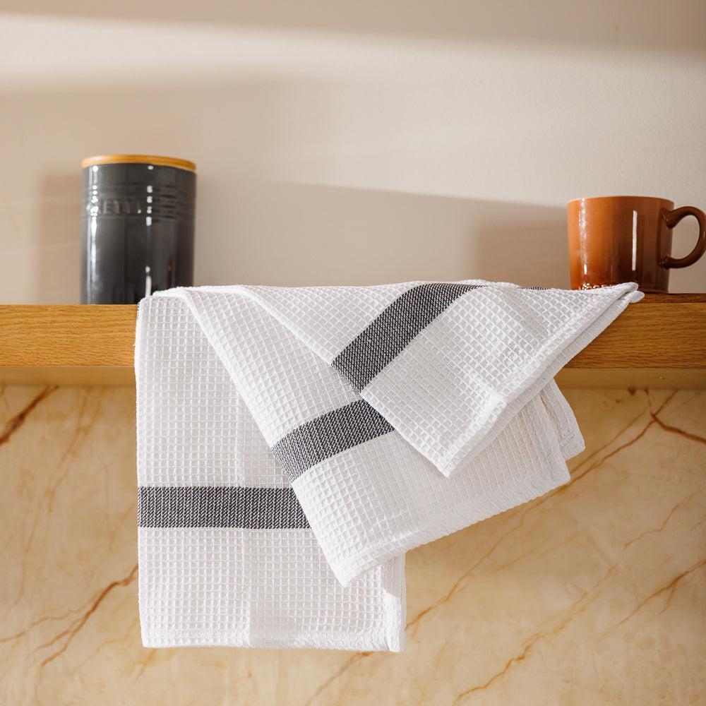 Caterers Choice Honeycomb Weave Kitchen Towel Set White with Grey Stripe 2 Pack-Dishcloths