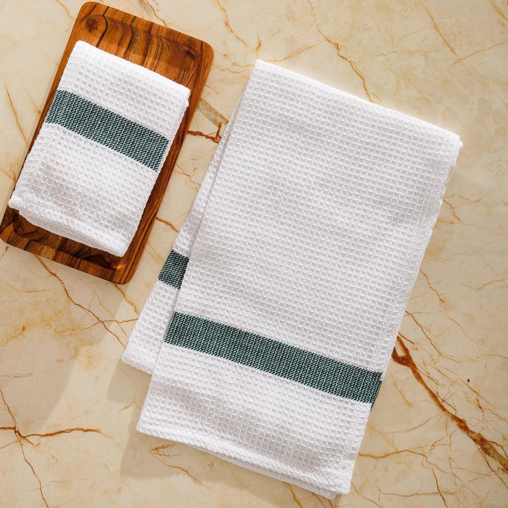 Caterers Choice Honeycomb Weave Kitchen Towel Set White with Moss Stripe 2 Pack-Dishcloths