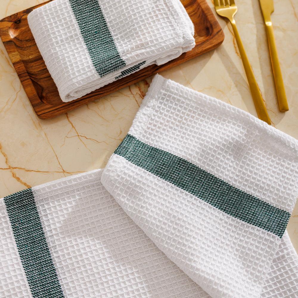 Caterers Choice Honeycomb Weave Kitchen Towel Set White with Moss Stripe 2 Pack-Dishcloths