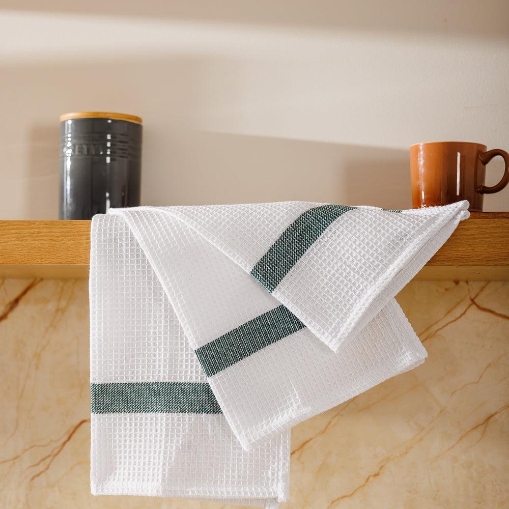 Caterers Choice Honeycomb Weave Kitchen Towel Set White with Moss Stripe 2 Pack-Dishcloths