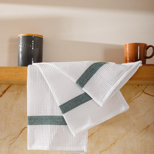 Caterers Choice Honeycomb Weave Kitchen Towel Set White with Moss Stripe 2 Pack-Dishcloths