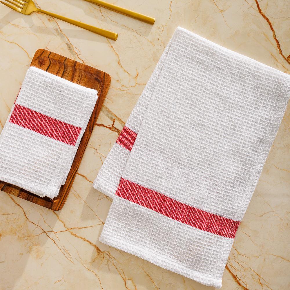 Caterers Choice Honeycomb Weave Kitchen Towel Set White with Red Stripe 2 Pack-Dishcloths