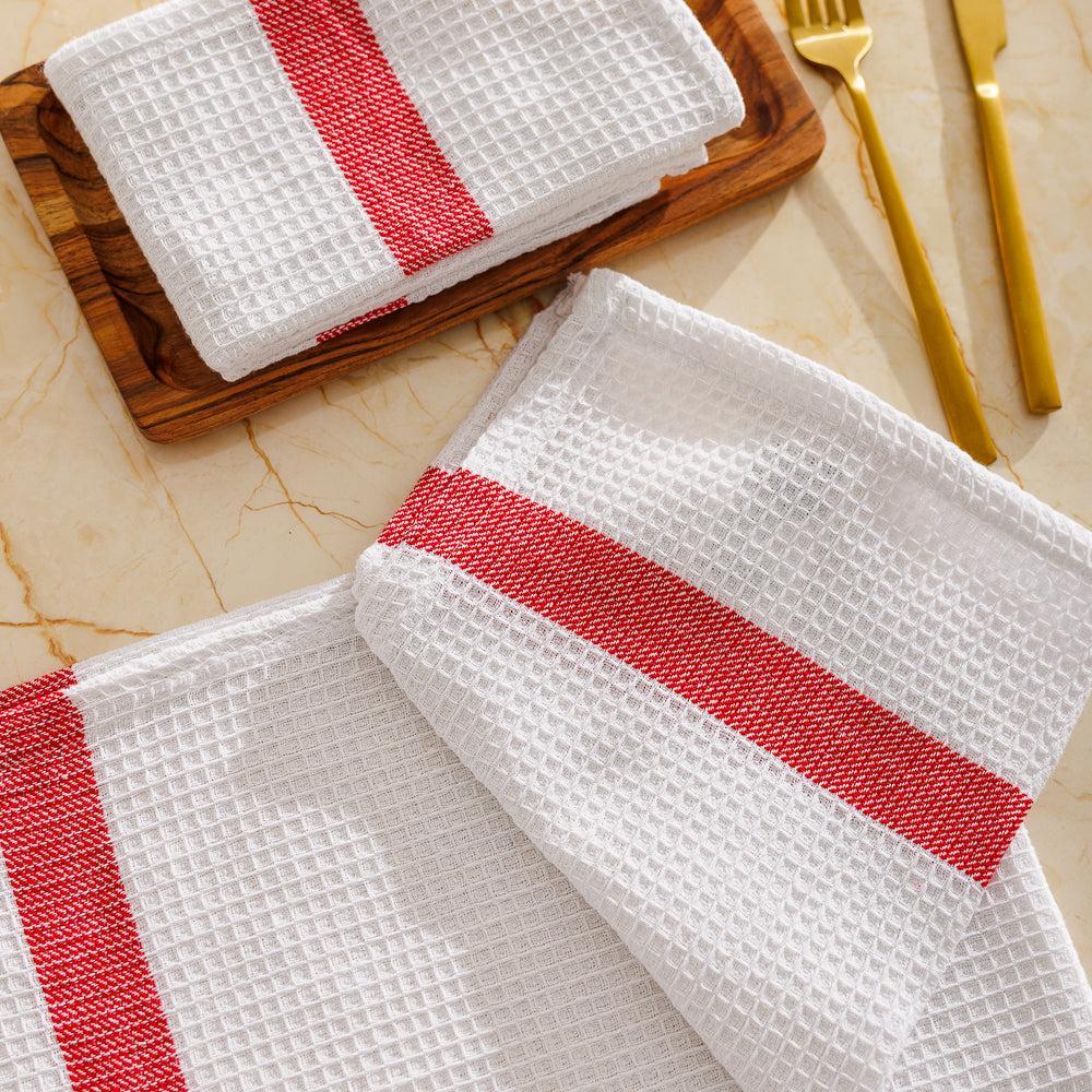 Caterers Choice Honeycomb Weave Kitchen Towel Set White with Red Stripe 2 Pack-Dishcloths