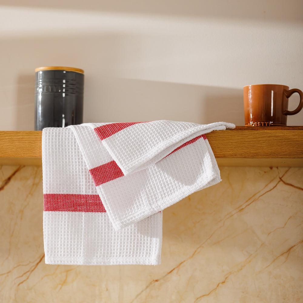 Caterers Choice Honeycomb Weave Kitchen Towel Set White with Red Stripe 2 Pack-Dishcloths