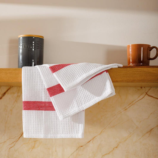 Caterers Choice Honeycomb Weave Kitchen Towel Set White with Red Stripe 2 Pack-Dishcloths