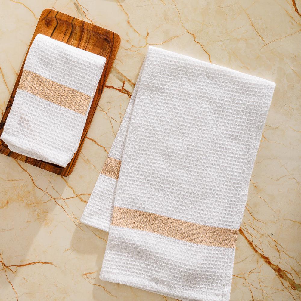 Caterers Choice Honeycomb Weave Kitchen Towel Set White with Stone Stripe 2 Pack-Dishcloths