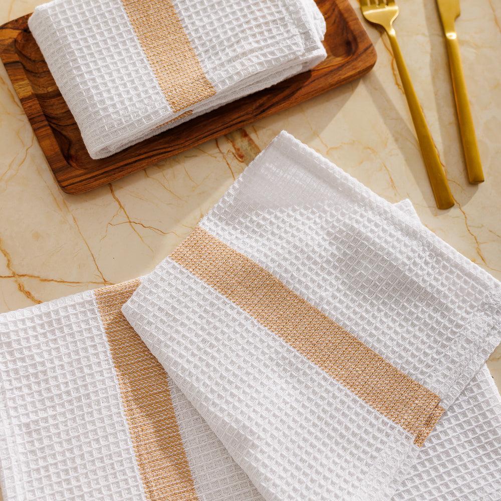 Caterers Choice Honeycomb Weave Kitchen Towel Set White with Stone Stripe 2 Pack-Dishcloths
