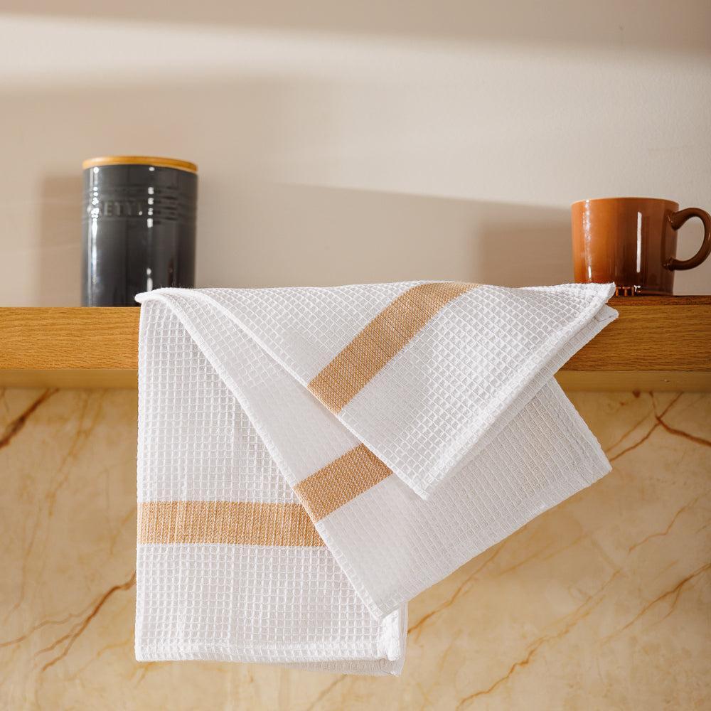 Caterers Choice Honeycomb Weave Kitchen Towel Set White with Stone Stripe 2 Pack-Dishcloths