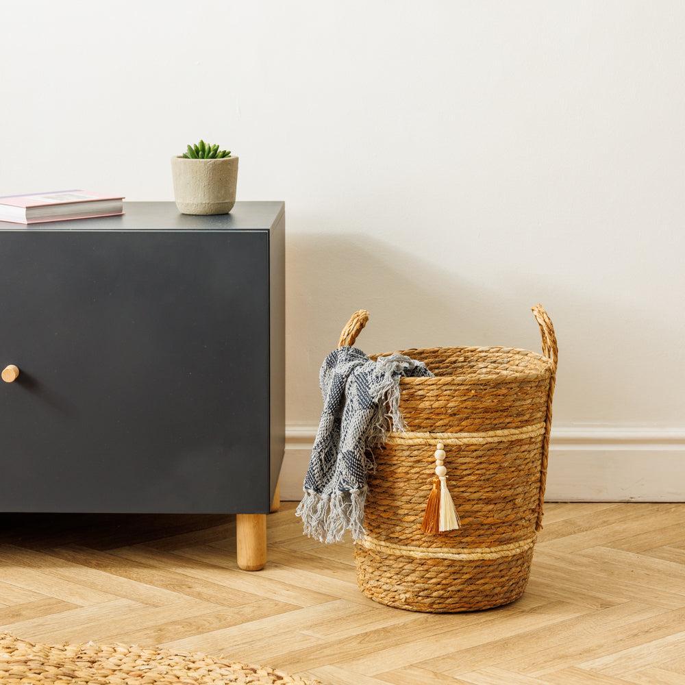 Home.Life Bulrush Maize Two Tone Tassel Basket Natural-Storage Baskets
