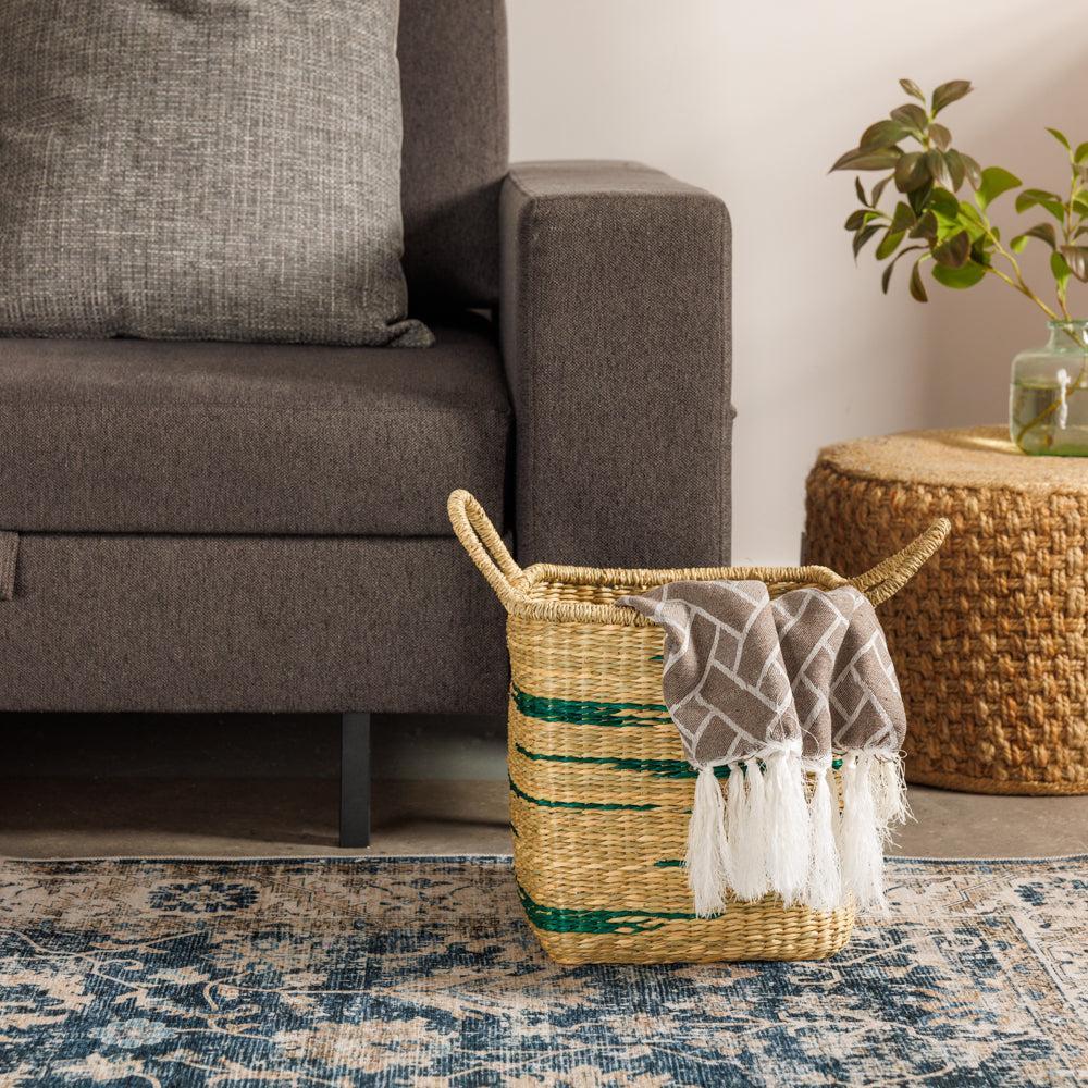 Home.Life Square Seagrass Basket Abstract Line with Handles Fern-Storage Baskets
