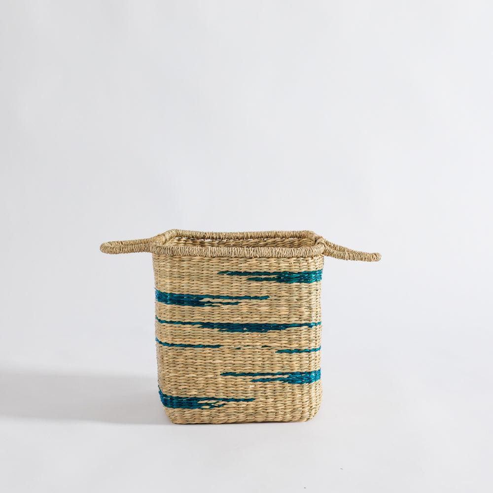 Home.Life Square Seagrass Basket Abstract Line with Handles Midnight Blue-Storage Baskets
