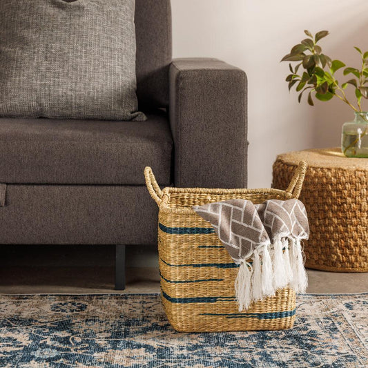 Home.Life Square Seagrass Basket Abstract Line with Handles Midnight Blue-Storage Baskets
